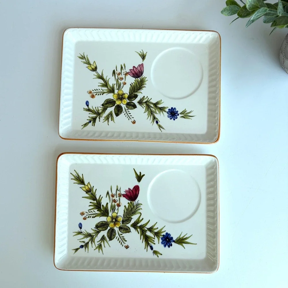 Vintage Floral Ceramic Snack Trays Set of 2 Hand Painted Wildflower Tea Plates